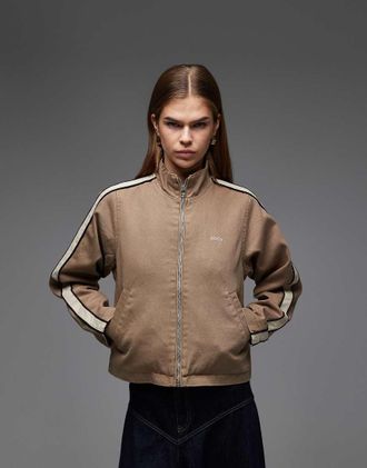 Obey Astrid - Giacca sportiva in denim con righe laterali marrone e beige