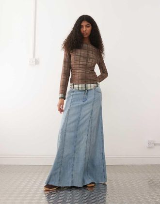 Wrangler Gonna lunga a pieghe in denim lavaggio azzurro-Blu