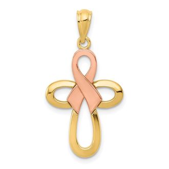 Diamond2Deal 14k Two-tone Gold Polished Pink Ribbon Cross Pendant