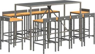 vidaXL Mesa Y Taburetes Altos Jard&iacute;n 11 Pzas Madera Y Rat&aacute;n Pe Gris Vidaxl
