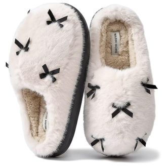 Adax Fluffy Slippers for Women, Cuddly Plush Slippers with Memory Foam, Warm Faux Fur Lining and Bow Accent Slippers with Non-Slip Outsole for Indoor and O