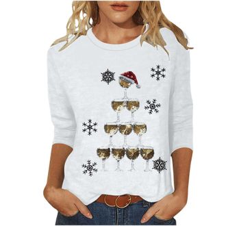 Generic Christmas Tops for Womens Novelty Funny Xmas 3/4 Sleeeve Pullover Lightweight Christmas Tree Sweatshirts Casual Elk Snowman Print Crewneck Blouse Cute