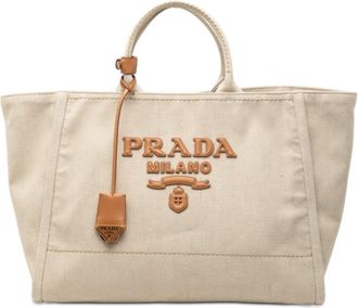 Prada Beige White Canvas Leather Tote Bag (Pre-Owned)