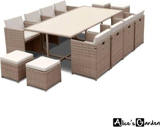 Sweeek Sweeek - 8 to 12-seater rattan cube table set with chairs, Vabo 12, Beige, 110x222x73 cm