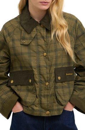 Barbour Beadnell Tartan Waxed Cotton Crop Jacket in Dusky Green Tartan/Highland at Nordstrom, Size 16 Us