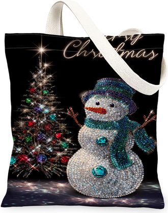 Generic Holiday Snow Man Canvas Tote Bags, Sparkling Christmas Tree Design Reusable Grocery Bags, Winter Chic Lightweight Washable, White, 13x15 Inch