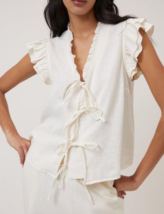 Nobody's Child White Linen-Blend Ruffle Tie Front Top