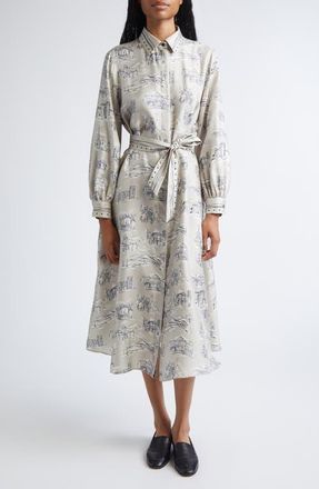 Max Mara Carbone Print Long Sleeve Silk Shirtdress in Sand at Nordstrom, Size 16
