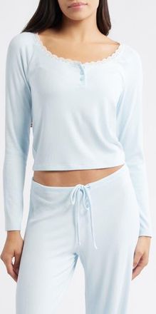 Open Edit Daydream Lace Trim Rib Crop Top in Blue Delicate at Nordstrom, Size X-Small
