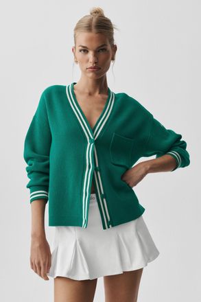 Alo | Tennis Club Sweater Knit Cardigan Top in Emerald Isle/Ivory, Size: Medium