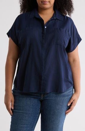 Caslon Double Pocket Linen Blend Camp Shirt in Navy Still at Nordstrom Rack, Size 1X