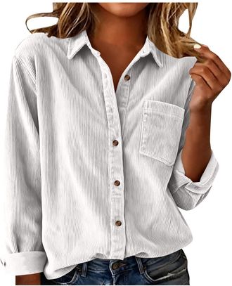 Generic Long Sleeve Shirts for Women Corduroy Button Down Blouse Ladies Solid Color Collar Tops with Pocket Casual Clothes for Office Work Daily Travel Street