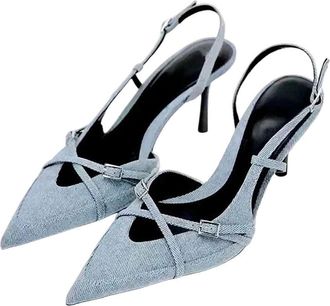Generic Women Denim High Heel Sandals Pointed Toe Buckle Strap Party Office Dress Shoes