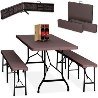 Relaxdays Relaxdays Folding Garden Furniture Set of 3, Garden Table & Beer Benches, Parties, Camping, HWD: 73 x 180 x 74 cm, Brown