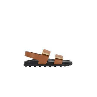 Tod's Schoenen, Dames, Bruin, 38 EU, Leer, Platte leren sandalen met klittenbandsluiting