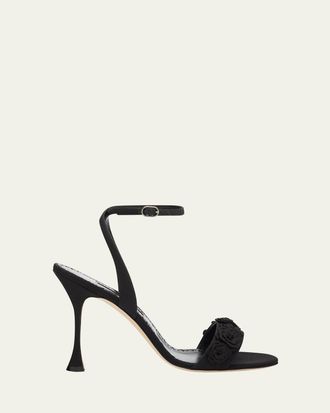 Manolo Blahnik 105mm Raosnu Crochet Flower Ankle-Strap Sandals