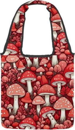 Generic Red Mushroom Print Reversible Canvas Shoulder Tote - Double-Sided Print, 12oz Cotton, 27cm Drop, Fold-Flat Bag for Travel, Shopping, Street Outings