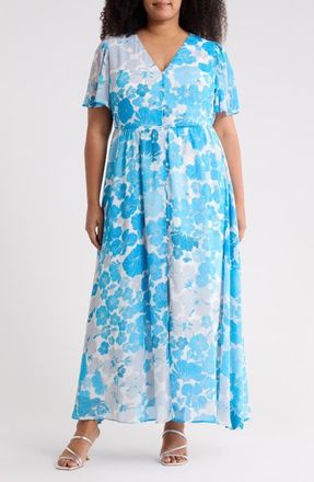 Sugarlips Kerela Floral Linana Button Maxi Dress in White-Blue-Combo at Nordstrom, Size 2X