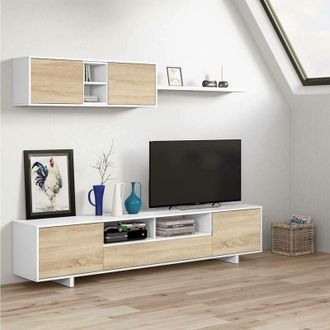 Dmora Dmora - Pared equipada Dfantin, Mueble de tv para salón, Composición del juego de sala, Juego de salón con mueble alto, 260x41h46 cm, Blanco brillo y