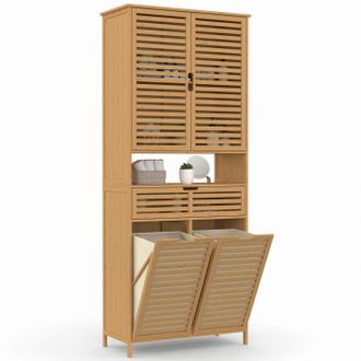 IDMarket Mobiletto Da Bagno Bea A 4 Ante In Bamb&ugrave; Con 2 Cesti Portabiancheria Estraibili E 1 Cassetto