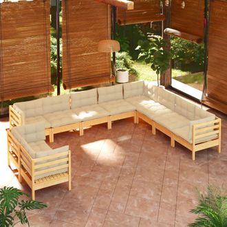 vidaXL Muebles De Jard&iacute;n 10 Pzas Y Cojines Madera Maciza De Pino Crema Vidaxl