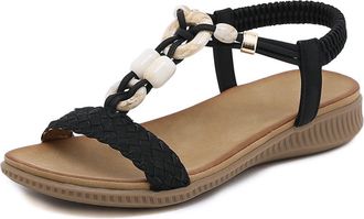 Generic Summer Ladies Woven Beaded Sandals Fashion Casual Beach Footwear with Decorative Buttons for Women (Black, 7.5)