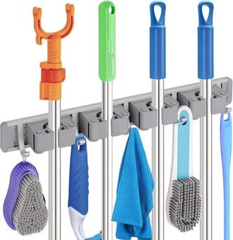 OEM Soporte De Pared De Aluminio De 2 Piezas Con Cuatro Ganchos Para Escobas Y Fregonas, Color Negro Y Plateado