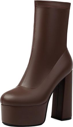 Generic Womens Ankle Boots Shiny PU Leather Thick Platform Chunky Block Heels Side Zip Comfortable Bold Fashion Footwear for Evening Parties Night Out,Brown,5