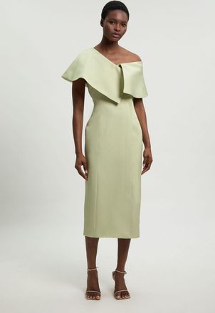 Karen Millen Womens Polished Linen Blend Asymmetric Fold Detail Tailored Midi Pencil Dress - Mint Viscose - Size 18 UK