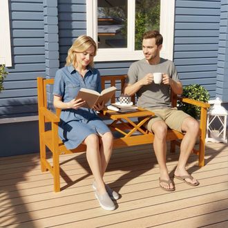 OUTSUNNY Outdoor Bench with Liftable Middle Table, 153cm Wood Garden Bench in Light Brown