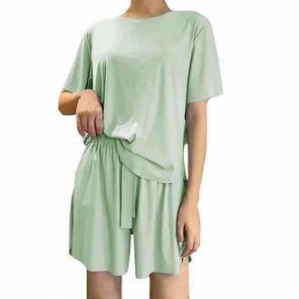 Generic 3 Piece Pajama Set Women: Ice Silk Womens Pajama Women Short Sleeve Shorts Wide Pants Loose Fit Nightdress For Women Solid Color Three Piece Set For H