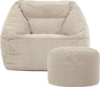 Icon Brand Corduroy Bean Bag Armchair & Round Beanbag Footstool in Natural