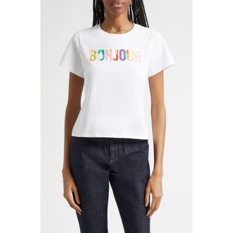 Cinq &agrave; Sept Bonjour Scribble Embroidered Shrunken Tee in White Multi at Nordstrom, Size Xx-Small