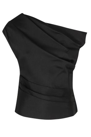 Self Portrait Black Asymmetrical Draped One-Shoulder Taffeta Top