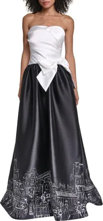 Karl Lagerfeld Paris Graphic Strapless Satin Gown in Soft White Black at Nordstrom, Size 16