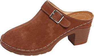 Generic Womens Suede Leather Clogs Chunky Block Heel Closed Toe Slip on Backless Mules Sandals Comfortable Wide Fit Antil Slip Slide Loafers Lightweight Heele