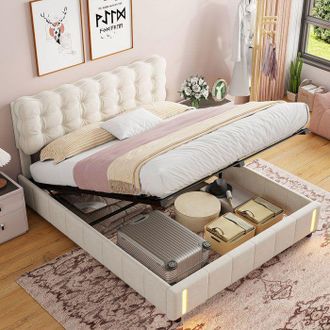 OEM Cama Lit 160x200 De Terciopelo Beige Con Led Detector, Somier De Lamas Y Almacenamiento Hidr&aacute;ulico