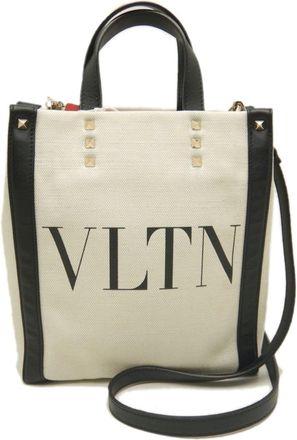 Valentino Garavani Black White Canvas Leather Tote Bag (Pre-Owned)
