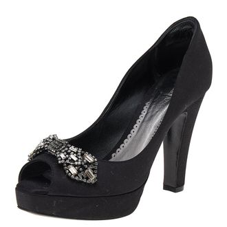 Giorgio Armani Black Satin Crystal Embellished Peep Toe Platform Pumps