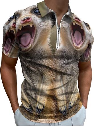 Generic Wild Animal Meerkats Mens Zippered Polo Shirt Casual T Shirts Short Sleeve Tops Golf Running XL