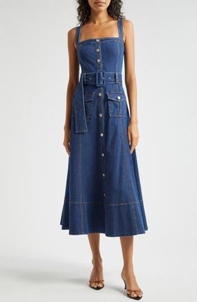 Cinq &agrave; Sept Vega Belted Sleeveless Denim Fit & Flare Midi Dress in Medium Wash at Nordstrom Rack, Size 12