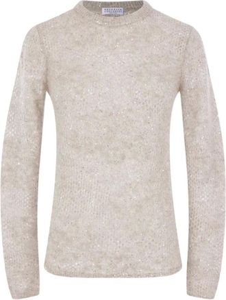 Brunello Cucinelli Truien & Vesten, Dames, Beige, M, Pailletten, Round-neck Truien