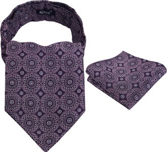 Alizeal Mens Cravat Tie Regular Flower Dot Patterned Ascot Tie and Pocket Square Set, Purple+Pink