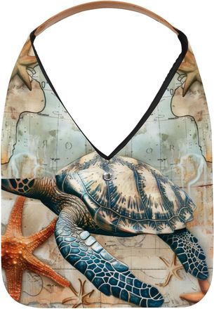Generic Retro Starfish Sea Turtle Reusable Lightweight Grocery Bags - Foldable Into Compact Pouch, Washable & Sturdy, Multipurpose for Shopping and Travel