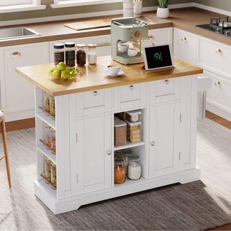 Merax 132cm Kitchen Island Trolley on Wheels with Socket & Foldable Top in White