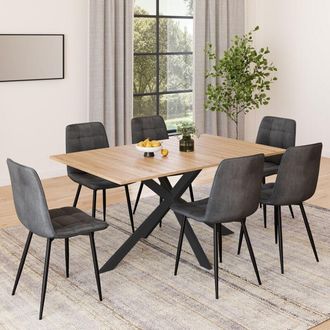 IDMarket Juego De Mesa Rectangular Alix 160 Cm De Madera Y Negro Con 6 Sillas Mila De Terciopelo Gris Oscuro