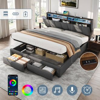 Matteo King Upholstered Bed Frame with Storage, LED & Charging, Grey Linen