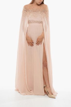 Elisabetta Franchi RED CARPET Chiffon Dress with Sequins and Cape Sleeves Elisabetta Franchi
