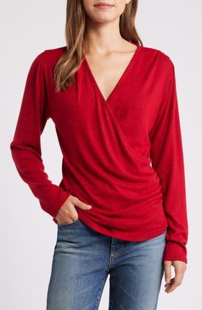 Loveappella Long Sleeve Faux Wrap Top in Red at Nordstrom, Size X-Large