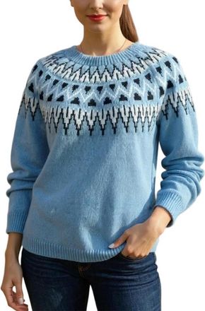 Generic Jumpers for Women Ladies Fairisle Casual Long Sleeve Crew Neck Retro Jacquard Sweater Xmas Warm Jumpers Classic Nordic Knitwear Sweatshirt Tops,Blue,M